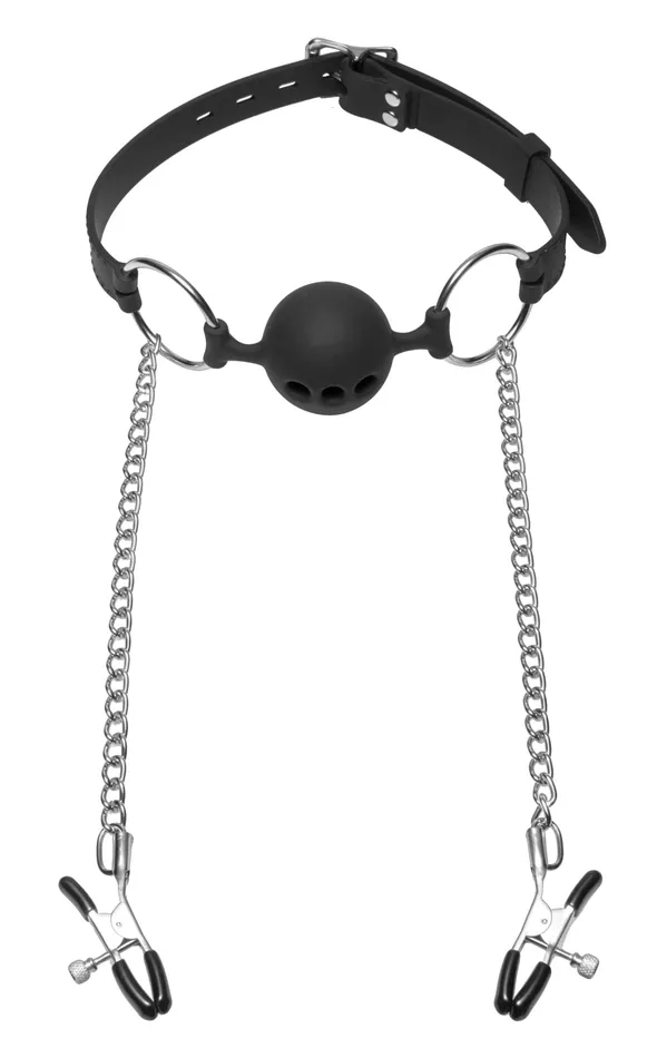 Hinder Breathable Silicone Ball Gag With Nipple Clamps | Master Series Male Sex Toys Hinder Breathable Silicone Ball Gag With Nipple Clamps | Master Series Male Sex Toys